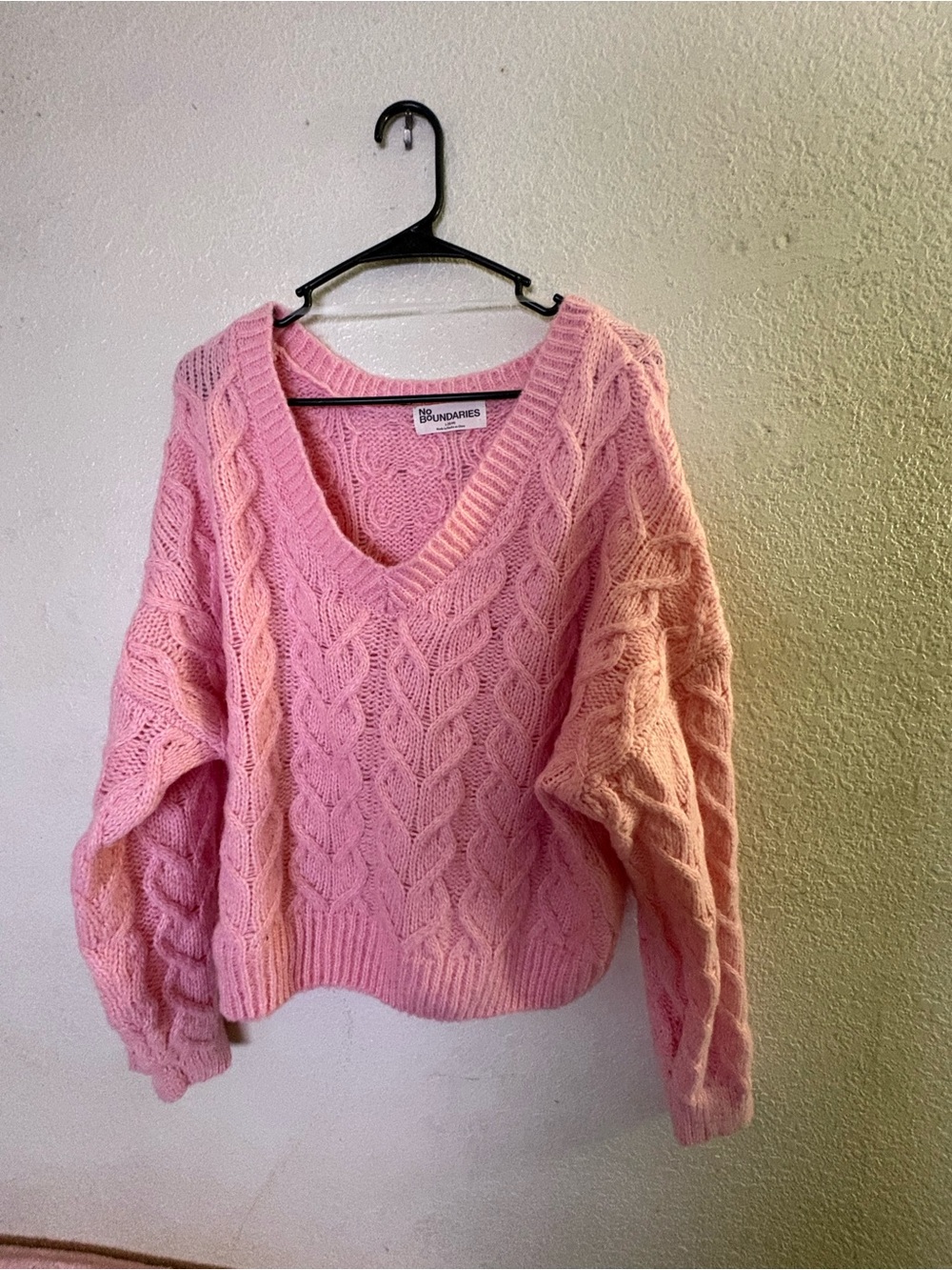 No Boundaries Light Pink Cable Knit V-Neck Sweater